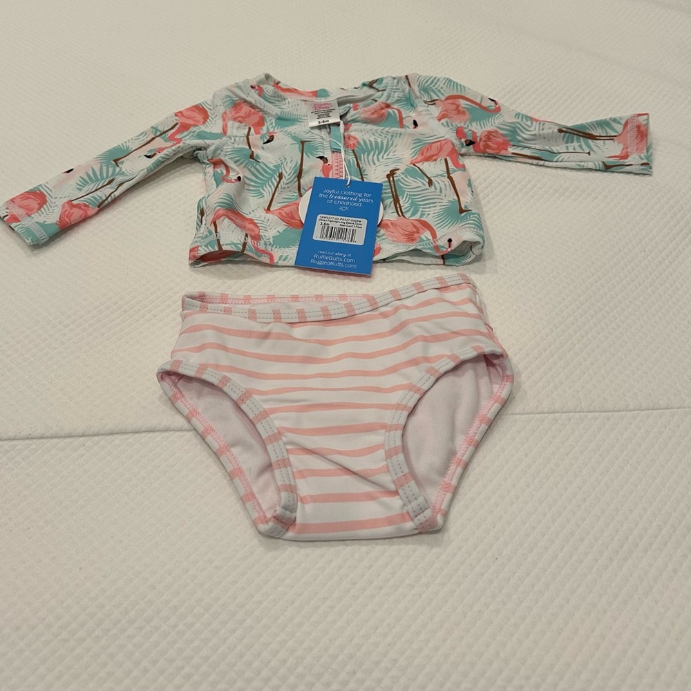 Ruffle Butts Pink and White Rashguard Swim Set